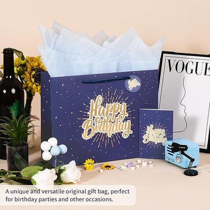 Powbrace 13" Blue Happy Birthday Gift Bag with Tissue Paper and Greeting Card for Party,Happy Birthday Gift Bag for Men Women, Gift Bags Medium size(2 PCS Blue)
