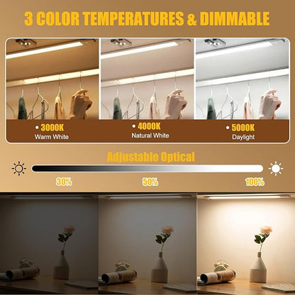 Under Cabinet Lighting 2 Pack, 50 LED USB Rechargeable Closet Lights of 11.81in, 2200mAh Battery Operated Motion Sensor Light Indoor, 50-150LM, 3 Color Temps Dimmable for Kitchen Stairs Wardrobe