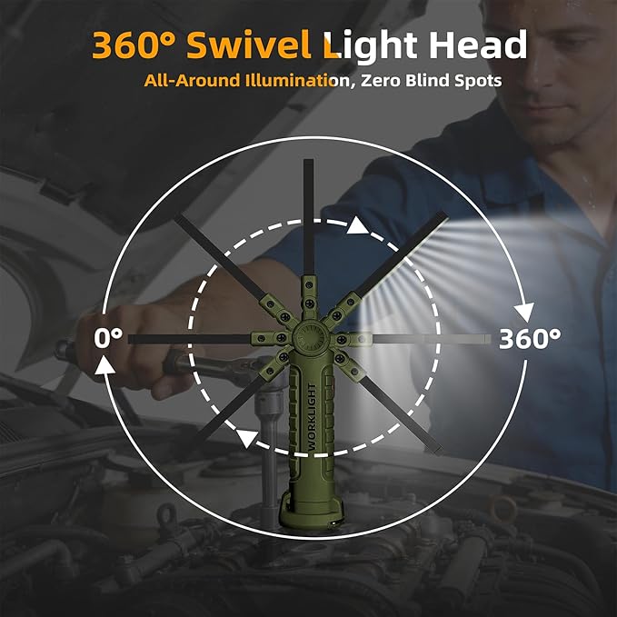 LED Work Light Rechargeable Flashlight, Tool Gifts for Fathers Day Dad Husband Men Boyfriends Him Mechanic Grill Light Inspection Lamp Magnetic Base 5 Modes 360° Rotate Car Emergency Repair Green 4PCS
