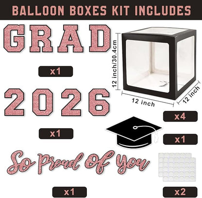 Rose Gold Graduation Decorations 2026, Pink Graduation Decorations Set of 4 Balloons Boxes with Letters 2026 GRAD So Proud of You, Congrats Grad Decorations for High School & College
