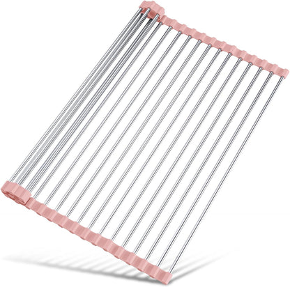 Tomorotec 17.7" x 12.5" Roll Up Dish Drying Rack Over Sink Drying Rack Sink Cover Kitchen Sink Accessories Gadget Multipurpose Organizer Foldable Stainless Steel Drainer