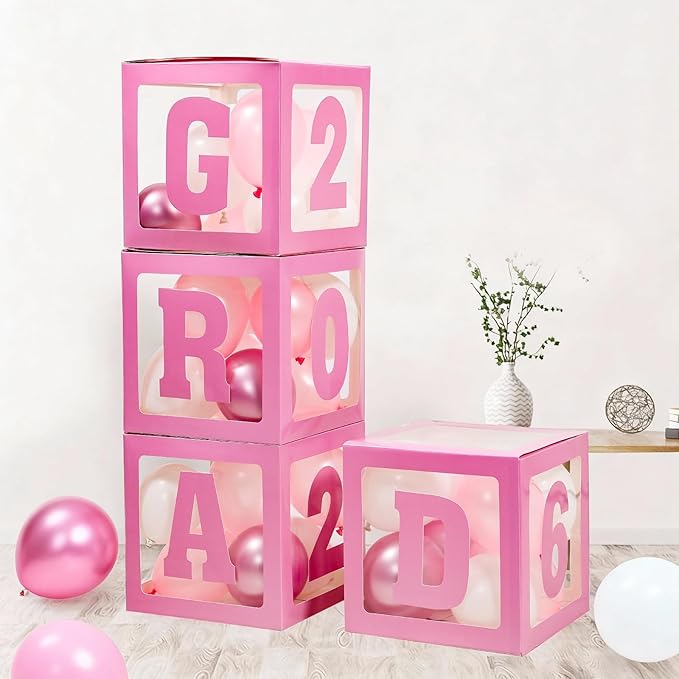 2026 Graduation Decorations - 4Pcs Pink Balloon Boxes with Letters 2026&Grad for Preschool Kindergarten Middle High School College Graduation Party Decorations Class of 2026