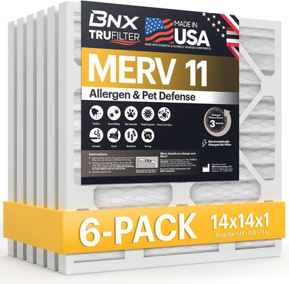 BNX TruFilter 14x14x1 Air Filter MERV 11 (6-Pack) - MADE IN USA - Allergen Defense Electrostatic Pleated Air Conditioner HVAC AC Furnace Filters for Allergies, Dust, Pet, Smoke, Allergy MPR 1200 FPR 7