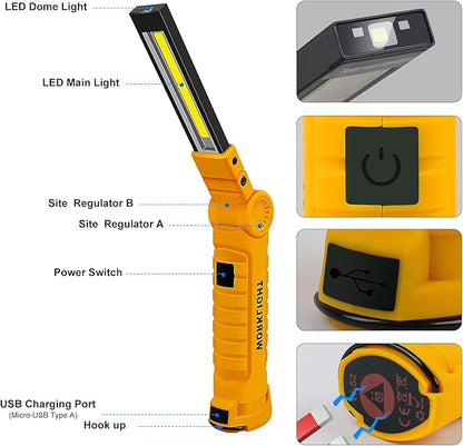 2Pack LED Work Light, USB Rechargeable COB Light with Magnetic Base 360°Rotate and 5 Modes, Folding Flashlight Inspection Light for Car Repairing, Workshop, Household and Emergency Use, Large