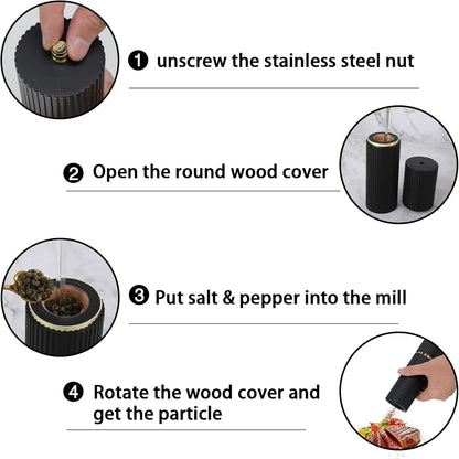 Wooden Salt and Pepper Grinder Set with Gold Accents, Salt and Pepper Grinder with Adjustable Coarseness, Beech Wood Pepper Grinder Manual,Salt and Pepper Shakers Matching Wooden Rray for Gifting