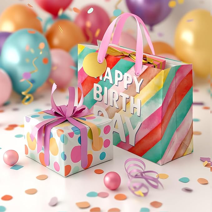 BGTCARDS Birthday Gift Bag with Tissue Paper and Card, Happy Birthday Gift Bags for Party, Reusable Gift Bag for Presents with Handles - 13”x 10”x 5”, 1PCS