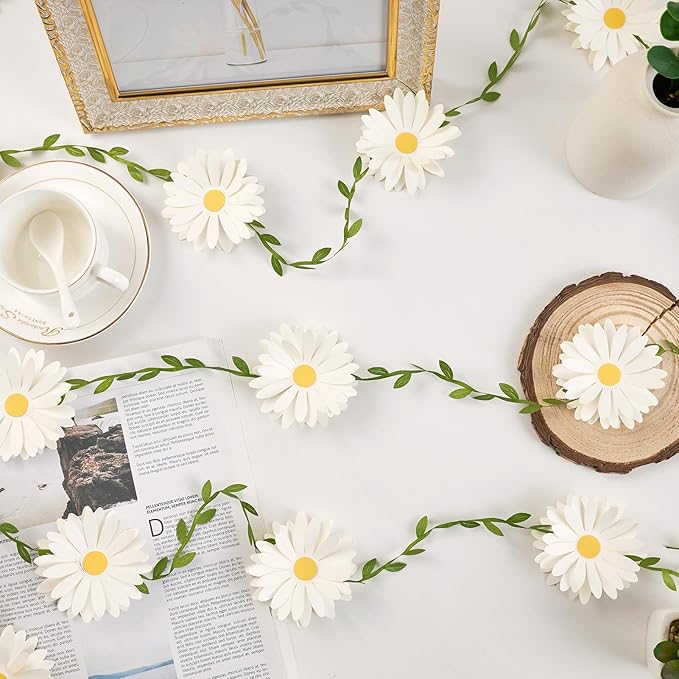3D Daisy Flower Garland (2PCS) Flower Banner Wildflower Party Decorations Leaves Banner Paper Flower Spring Wedding Backdrop Decor