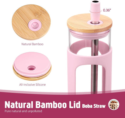 Kodrine 24oz Glass Tumbler with 2 Lids and Straws, Glass Cup With Bamboo Lid and On-the-go Lid, Reusable Iced Coffee Cup, Ideal for Smoothie