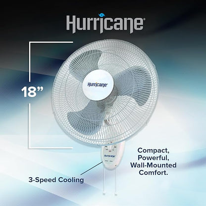 Hurricane 18" Supreme 90-Degree Oscillating Wall Mounted Fan with 3 Quiet Speeds, White - Indoor Air Cooling Unit with Adjustable Tilt and Pull Cords for Bedroom, Garage, Office, and Home