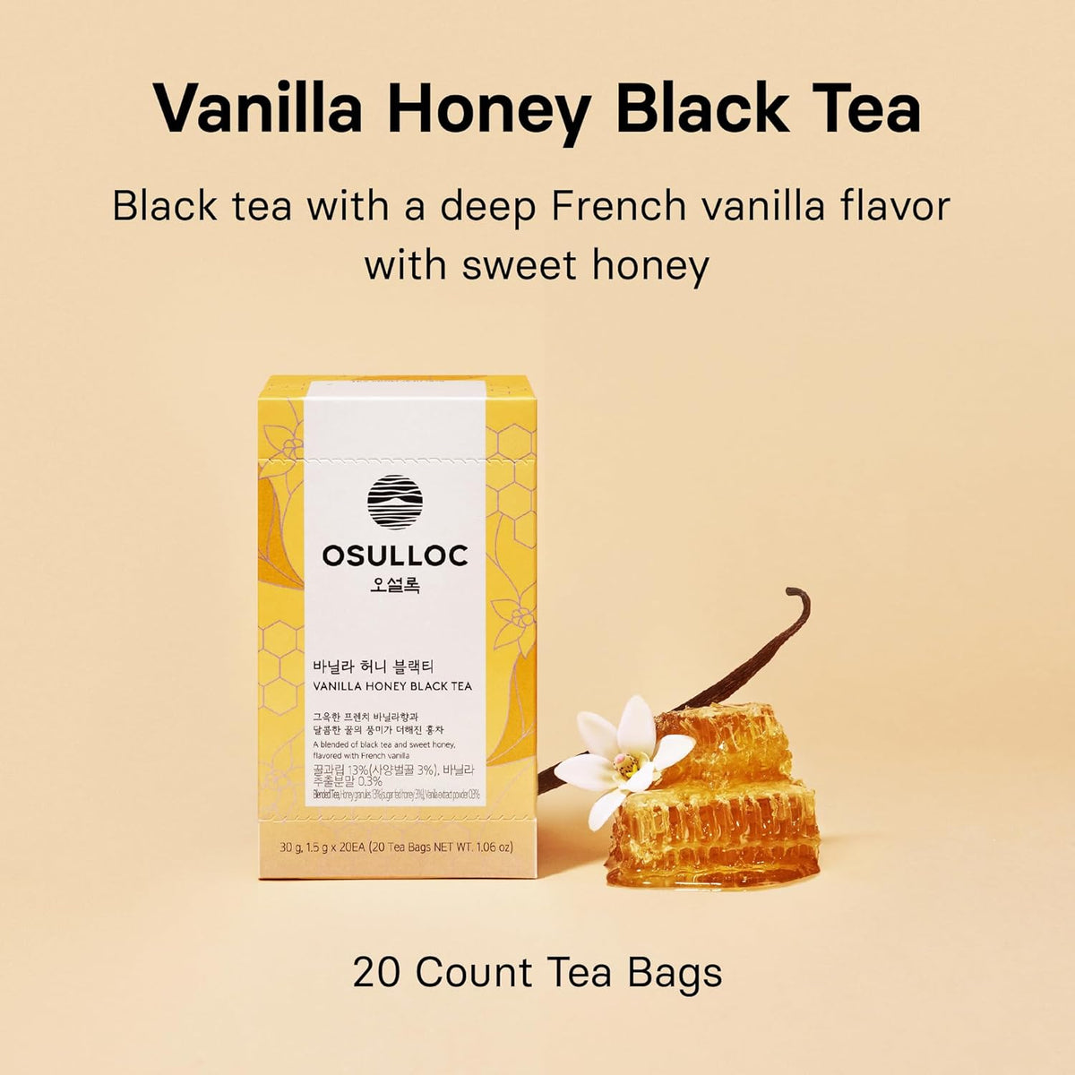 OSULLOC Vanilla Honey Black Tea (20 count, 1.05 oz), Black tea filled with Sweet Flavor of French Vanilla and Honey, Premium Blended Tea bags from Jeju Island