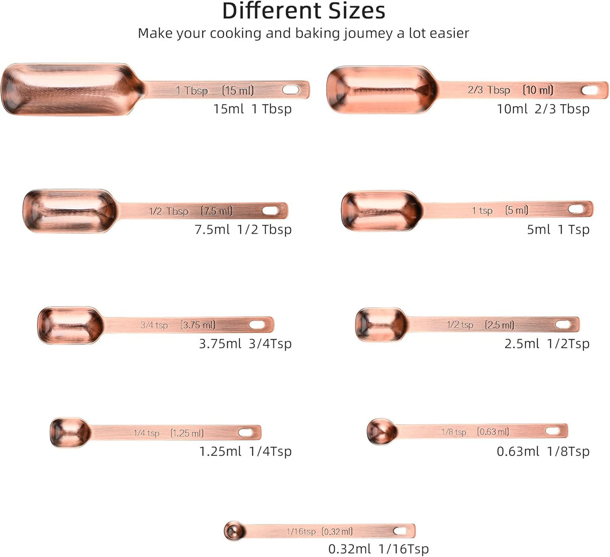 Copper Measuring Spoons Set, Stainless Steel Measuring Spoons Set 10, Metric&US Long Handle Measure Spoons for Kitchen&Baking