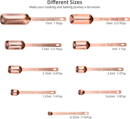 Copper Measuring Spoons Set, Stainless Steel Measuring Spoons Set 10, Metric&US Long Handle Measure Spoons for Kitchen&Baking