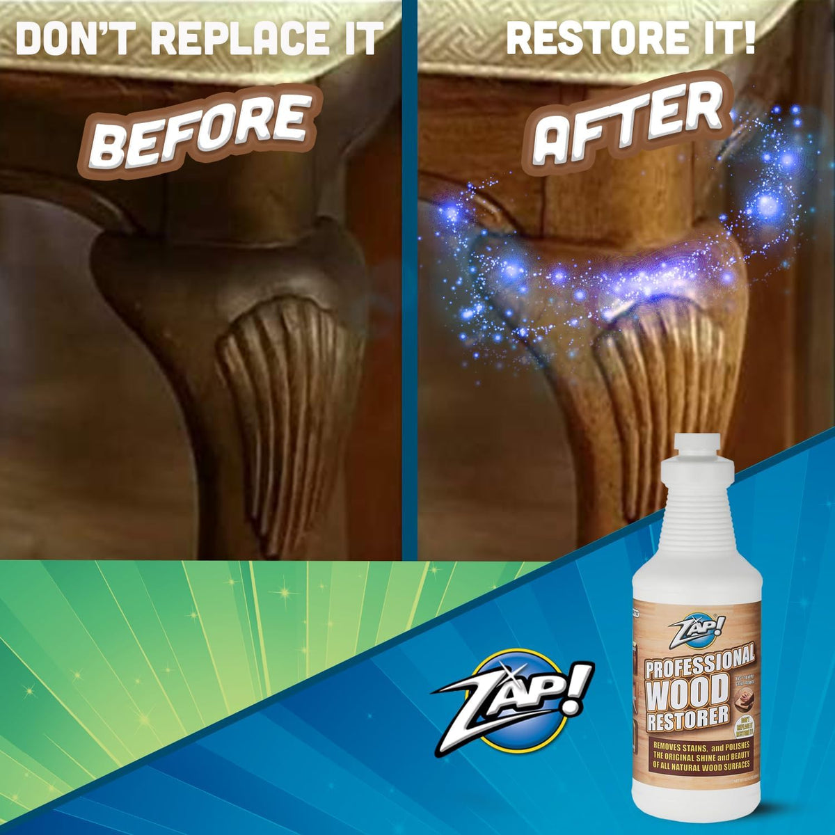 ZAP! Professional Wood Cleaner and Restorer | Clean, Polish, & Restore Wooden Furniture & Hardwood Floors | Kitchen Cabinet & Table | Deep Wood Cleaner for Heavy Duty Cleaning | 32 oz