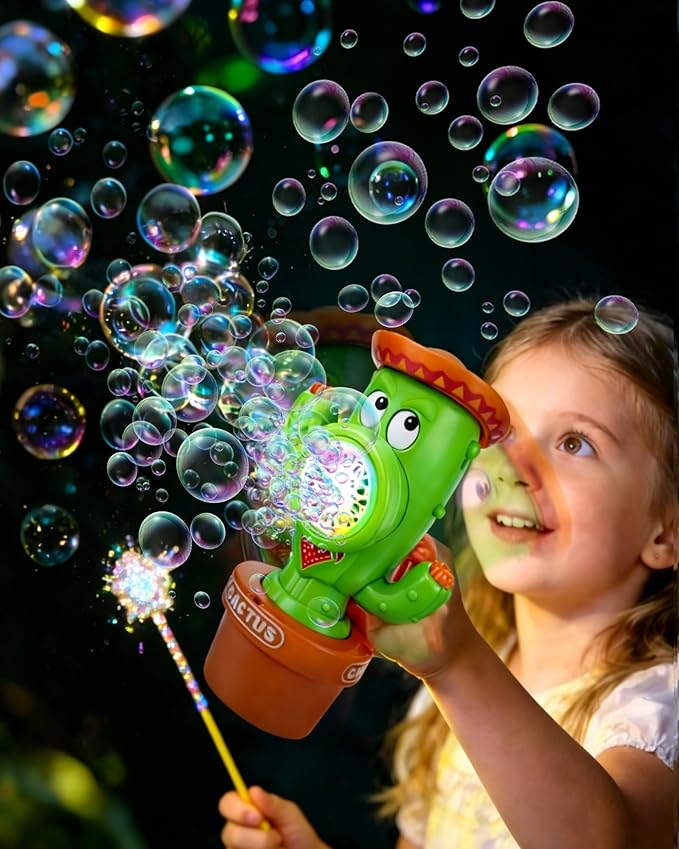 Vodolo Cactus Bubble Machine for Kid, Handheld Automatic Bubble Blower with Lights and Music， Swing Dance Bubble Maker Blower Blaster Outdoor Toys
