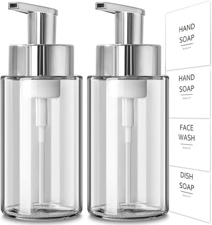 RYTOXILO Glass Soap Dispenser, 10 oz/300ml Foaming Soap Dispenser, 2 Pack Foaming Hand Dispenser for Bathroom & Kitchen, Clear Refillable Foam Soap Bottle with Silver Pump