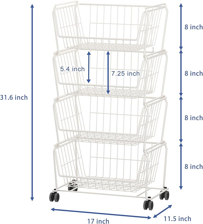 PUSDON 4-Tier Spacious Stackable Wire Storage Baskets with Wheels, Metal Rolling Utility Cart, Produce Basket for Pantry, Bathroom Organizer Shelf, Classic White