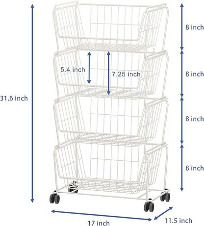 PUSDON 4-Tier Spacious Stackable Wire Storage Baskets with Wheels, Metal Rolling Utility Cart, Produce Basket for Pantry, Bathroom Organizer Shelf, Classic White