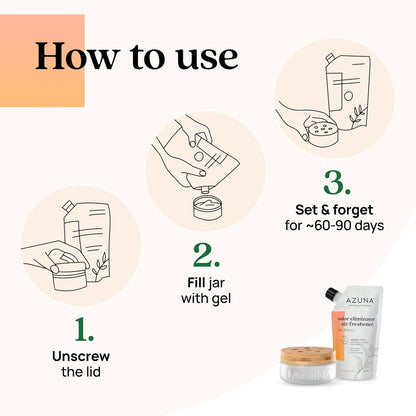 Azuna Air Freshener & Odor Eliminator for Strong Odor | 1 Room Kit Includes (1) Empty Luxe Glass Jar & 8oz Refill with Tea Tree Essential Oil Gel | Simply Citrus | Last 60-90 Days