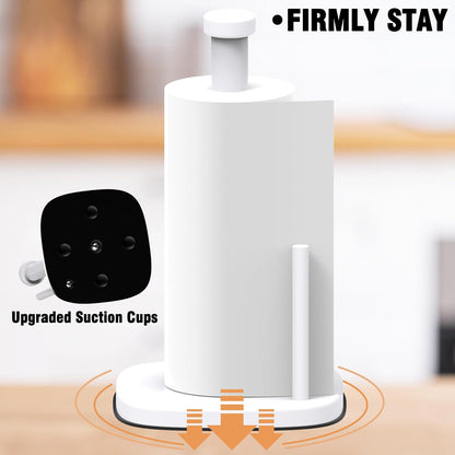 Paper Towel Holder Countertop, Standing Paper Towel Roll Holder for Kitchen Bathroom Organize, Stand with Weighted Base Suction Cups, Stainless Steel One-Handed Operation (White)