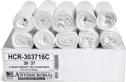 Aluf Plastics High Density Trash Bags, 30 Gallon, 500 Count, 16 Micron (eq), 30" x 37", Clear, for Bathroom, Office, Industrial, Commercial, Janitorial, Municipal, Recycling