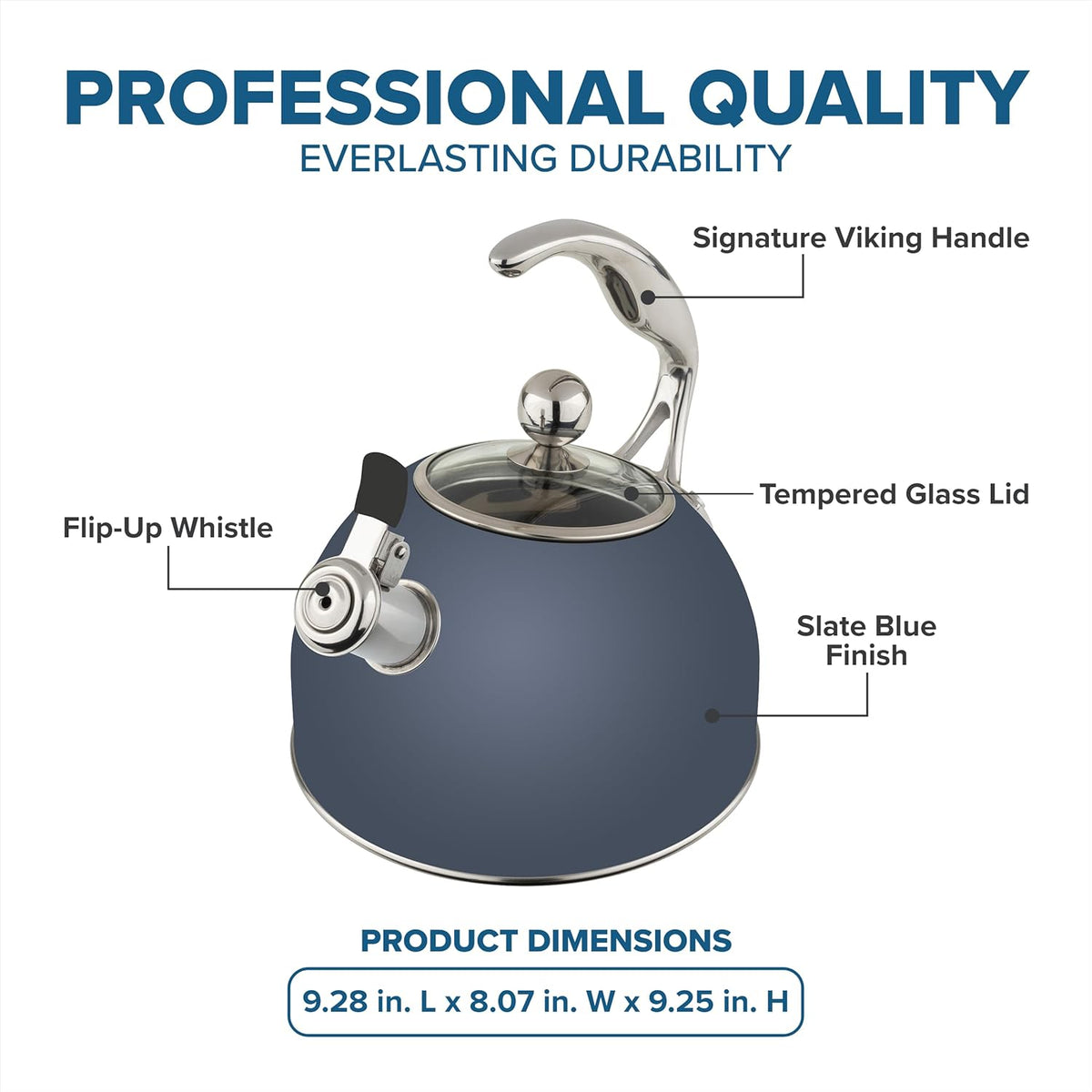 Viking 3-Ply Stainless Steel Tea Kettle, 2.6 Quart Stovetop Hot Water Pot with Tempered Glass Lid, Ergonomic Handle, Induction Ready, Slate and Blue