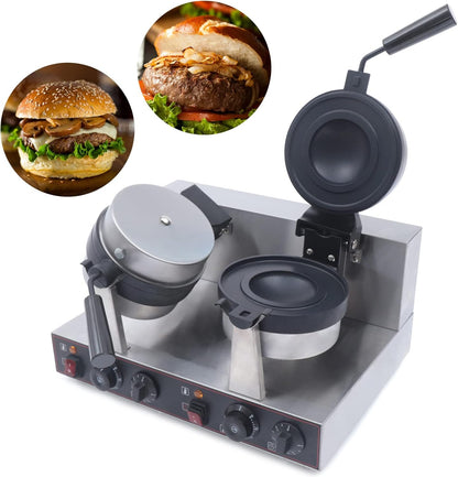 Commercial Electric Burger Waffle Maker Machine, Non Stick Panini Hamburger Press Machine Stainless Steel Ice Cream Burger Baker for Waffles, Paninis Household Hamburger Maker 2400W (Double)