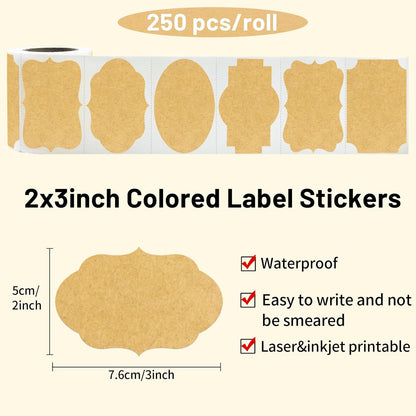 Kraft Labels Stickers, 250 PCS 3" x 2" Fancy Shape Stickers Labels for Storage Box or Food Jars Holiday Present Stickers Christmas Gift Tags Stickers