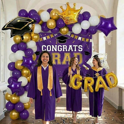 Purple White Gold Balloon Garland Arch Kit with backdrop Stars Graduation Cap crown GRAD Letters Mylar Balloons for 2026 graduate Prom Decorations