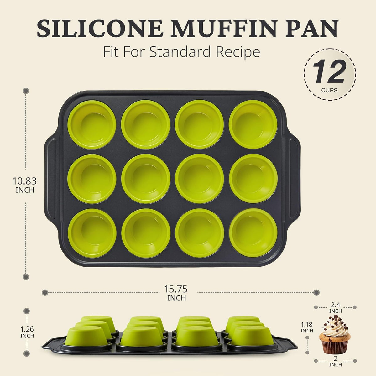 Bronypro Silicone Muffin Pans for Baking with Metal Frame, Egg Bite Maker Silicone Molds, Cupcake Pans 12 Regular Size