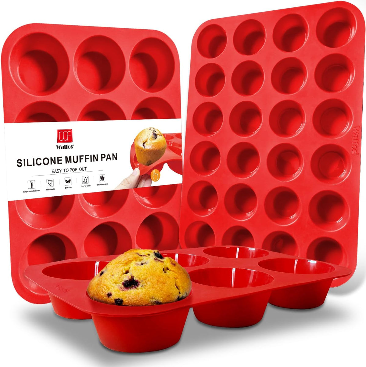 Walfos Silicone Muffin Pan - Cupcake Pans Set of 3, Including 24 Cups Mini Muffin Pans, 12 Cups Regular & 6 Cups Jumbo Muffin Pan, Pop Out Easily