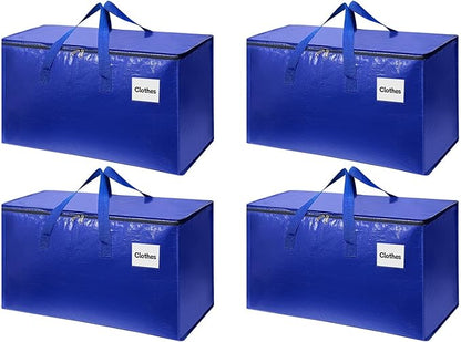 4 Pack XL Heavy Duty Moving Bags with Reinforced Stitching & Smooth Dual Zippers, Large Capacity Storage Totes for Clothes, Closet, Travel & Home Organization, Blue