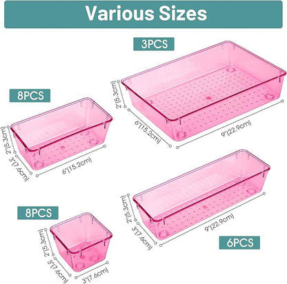 WOWBOX 25 PCS Plastic Drawer Organizer Set, 4 Sizes Desk Drawer Divider Organizers and Storage Bins for Makeup, Jewelry, Gadgets for Kitchen, Bedroom, Bathroom, Office, Clear Pink