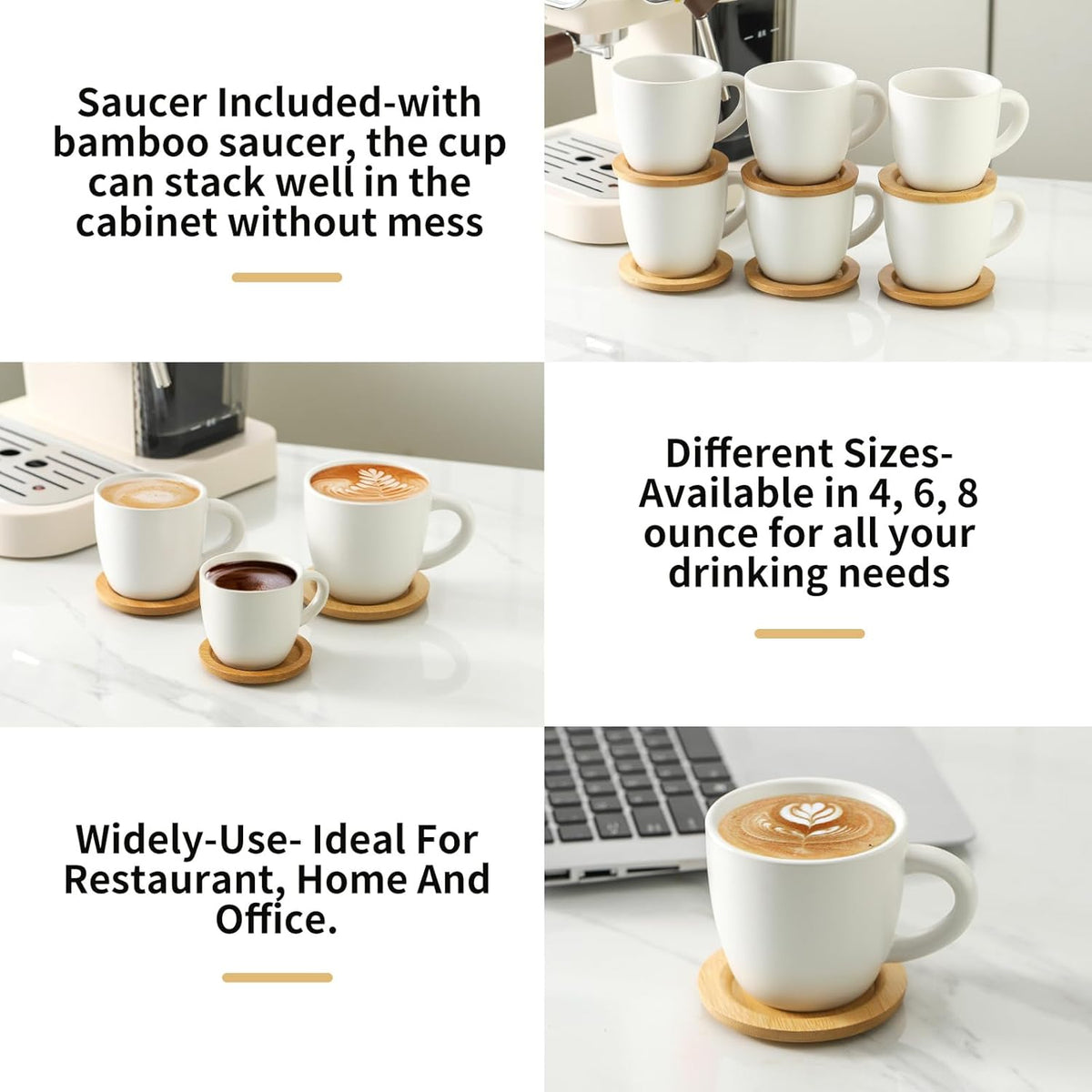 Hasense 8 oz Cappuccino Cups with Saucers set of 6, Porcelain Coffee Mugs Latte Mugs with Handle Perfect for Double Shot, Americano, Milk and Tea