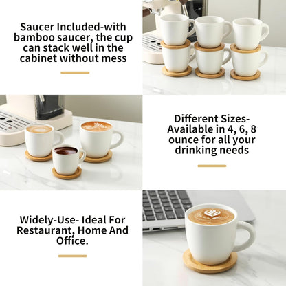 Hasense 8 oz Cappuccino Cups with Saucers set of 6, Porcelain Coffee Mugs Latte Mugs with Handle Perfect for Double Shot, Americano, Milk and Tea