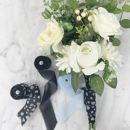 Chiffon Ribbon, 3 Rolls Handmade Floral Fringe Chiffon Silk Ribbons, 1.5" x 7 Yards Blue Leopard Ribbons Set for Wedding Invitations, Bridal Bouquets, Gifts Wrapping, DIY Crafts Decoration