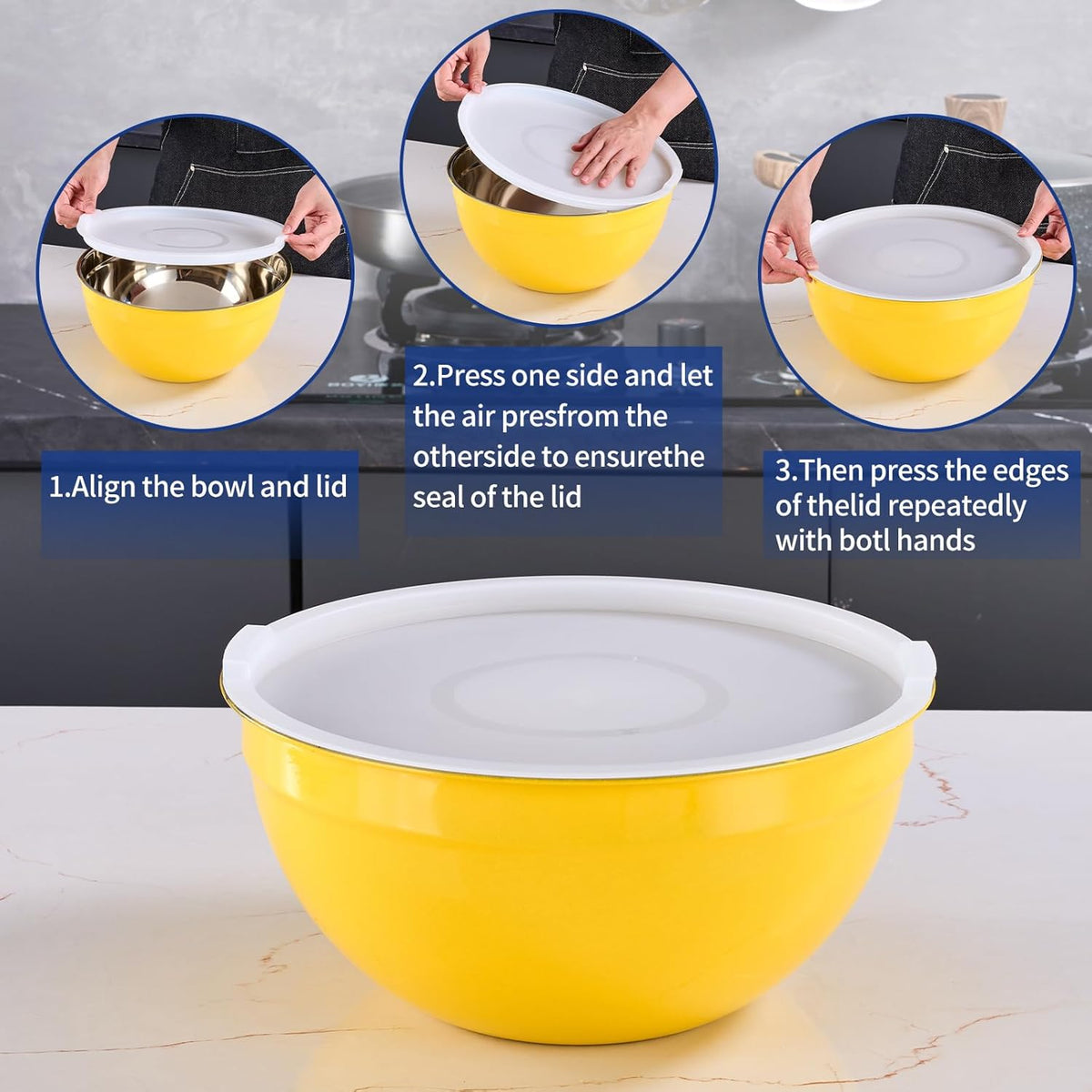 Yellow Mixing Bowls With Airtight Lids,Stainless Steel Bowl,Salad Bowls 7 Piece Colorful Nesting Bowl Yellow Kitchen Accessories,Size 7,3.6,2.7,2.1