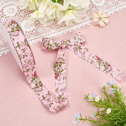20 Yards Pink Floral Print Ribbon Vintage Flower Pattern Ribbon Spring Polyester Wavy Edge Fabric Ribbons with Spool for Sewing Making Craft Wedding Party Birthday Gift Wrapping Christmas
