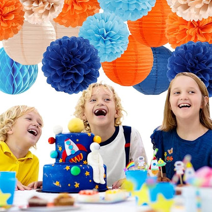 Navy-Blue Orange Champagne Party-Decorations Paper-Flowers - 15pcs Fall Birthday Baby Bridal Shower Tissue Pom Poms Lanterns Streamers Honeycomb, Wedding Bachelorette Hanging Supplies Decor Hugfond
