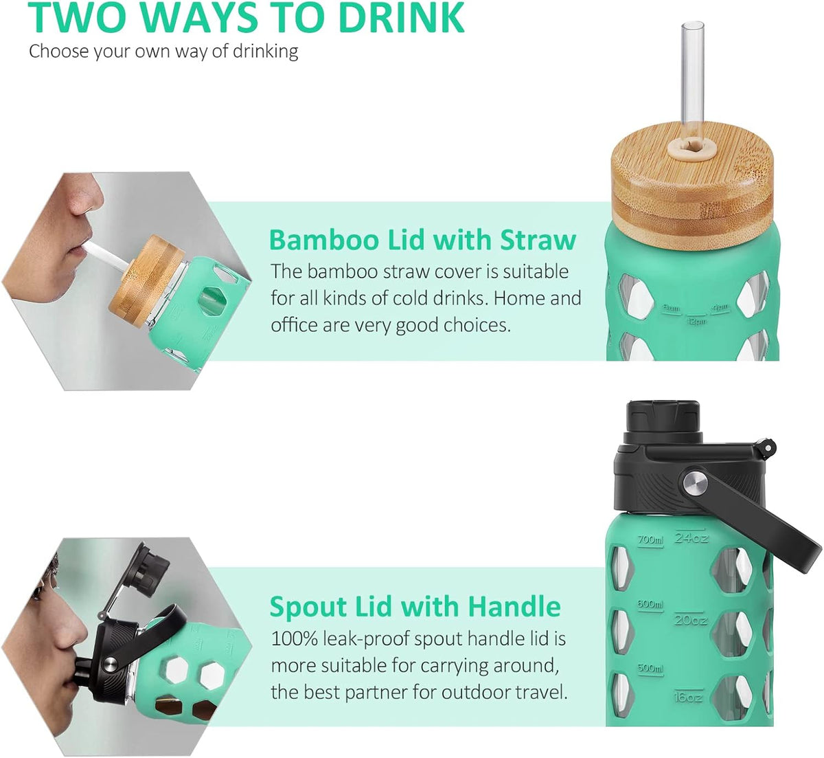 MUKOKO 24oz Glass Water Bottle with 2 Lids-Handle Flip Lid&Bamboo Straw Lid,Motivational Water Tumbler with Time Marker Reminder and Silicone Sleeve, Leakproof-Green