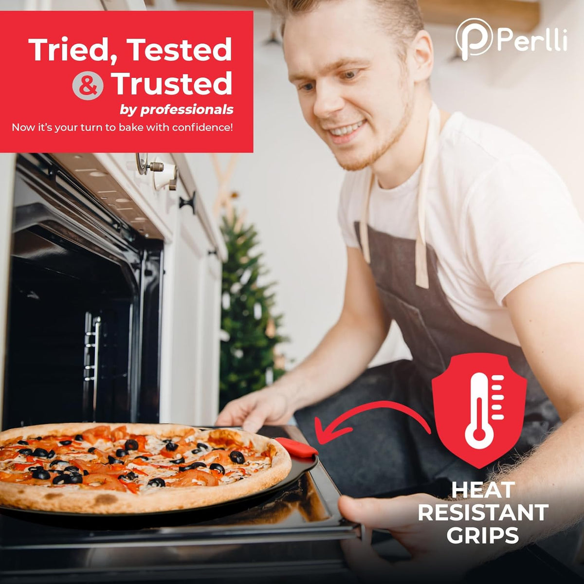 Perlli Non-Stick 10-Piece Baking Pan Set, BPA-Free Carbon Steel Bakeware Set with Silicone Handles, Stackable Kitchen Oven Set, Cookie Sheet