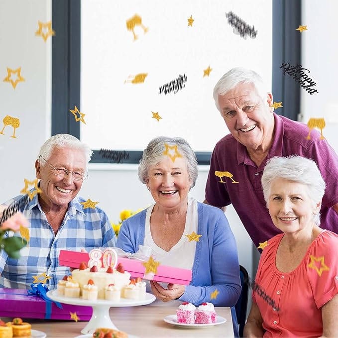 200pcs Happy Retirement Confetti, Black & Gold Table Confetti for Retirement Party Decorations Glitter Star Table Scatter for Office Farewell Party Celebration Decor Men Gifts Cake Centerpieces