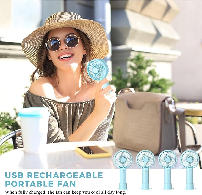 Tujoe 6 Pcs Mini Powerful Handheld Fan 3 Speed Personal Small Portable Rechargeable Fan with Base USB for Women Eyelash Makeup Office Travel Beach Indoor Outdoor (Blue)
