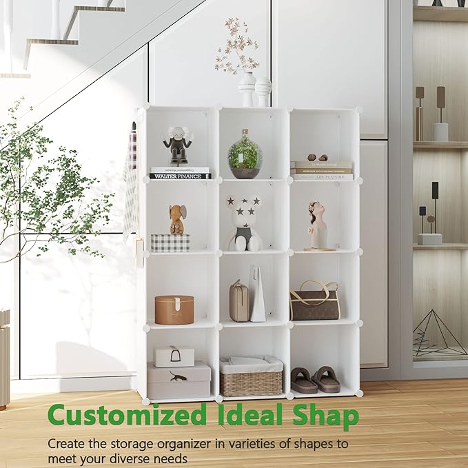 C&AHOME Cube Storage Organizer, 12-Cube Shelves Units, Closet Cabinet, DIY Plastic Modular Book Shelf, Ideal for Bedroom, Living Room, Office, 36.6" L x 12.4" W x 48.4" H Milky UPCS12M