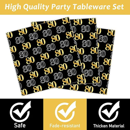 96PCS 80th Theme Birthday Party Tableware Vintage 1946 Party Supplies 80 Year Old Birthday Decorations Plates Napkins Forks Black and Gold Dinnerware Favors for Men or Women