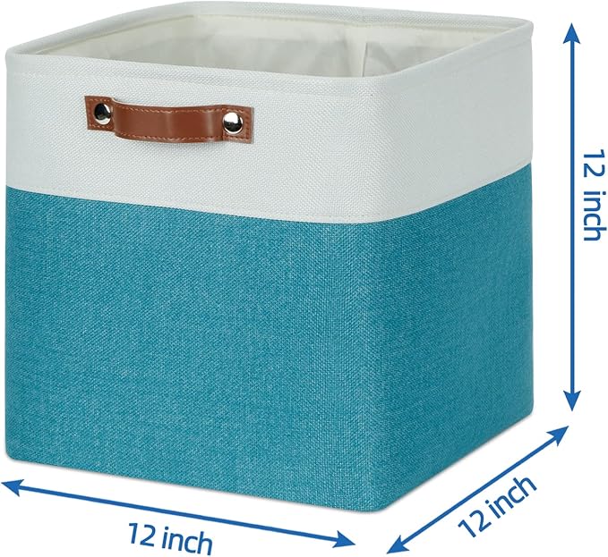Temary Baskets Storage 12 Inch Fabric Storage Cubes Storage Baskets with Handle, Large Cube Storage Bins for Storage Books, Blankets, Clothes Baskets for Gift (White&Teal)