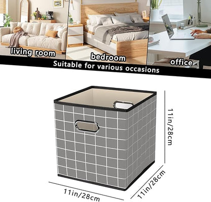 Yunkeeeper storage bins Cubes, Fabric Cube Organizer with Handle, Foldable Cube Bins for Cloth or Accessary Storage, 11x11x11, Set of 3,(Grey grid)