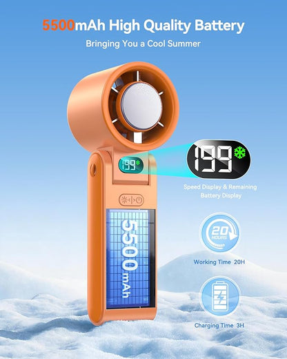 Portable Handheld Turbo Fan with Ice Cooler, 199 Speed Personal Fan,5500mAh Rechargeable,20H Cooling Time,20000 RPM Powerful Silent Motor, Summer Essential for Travel/Outdoor/Office, Orange