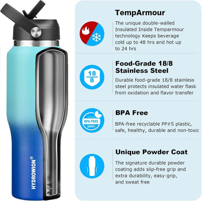 40 oz Insulated Water Bottle with Straw fit in Car Cup Holder(Cold 48 hrs, Hot 24 hrs) Drinking Bottle with Straw Lid