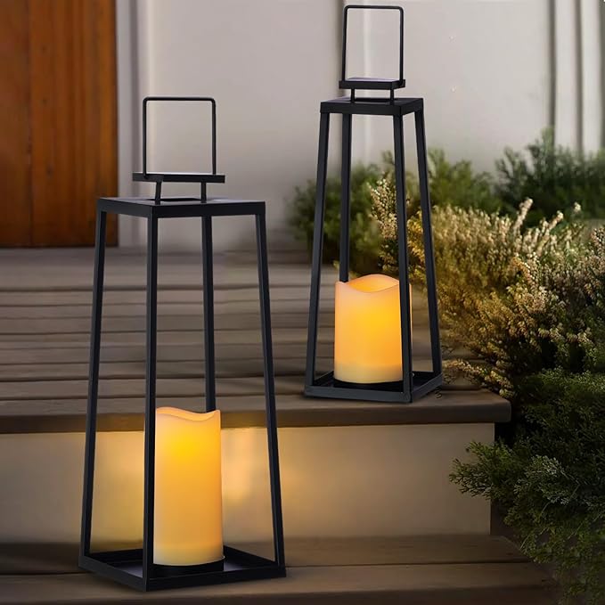 Solar Lantern Decorative Outdoor Set of 2 (18’’ & 15’’) Modern Black Metal Lanterns with Solar Candles, Decorative Candle Lanterns for Outdoor Porch, Patio, Garden, Yard Decor