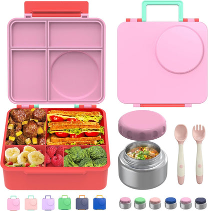 Bento Box for Kids - Leak-Proof Lunch Box with Insulated Thermos Food Jar - 4 Compartments, 1 Removable Divider, 1Spoon, 1 Fork - Dishwasher Safe, BPA-Free (Pink)
